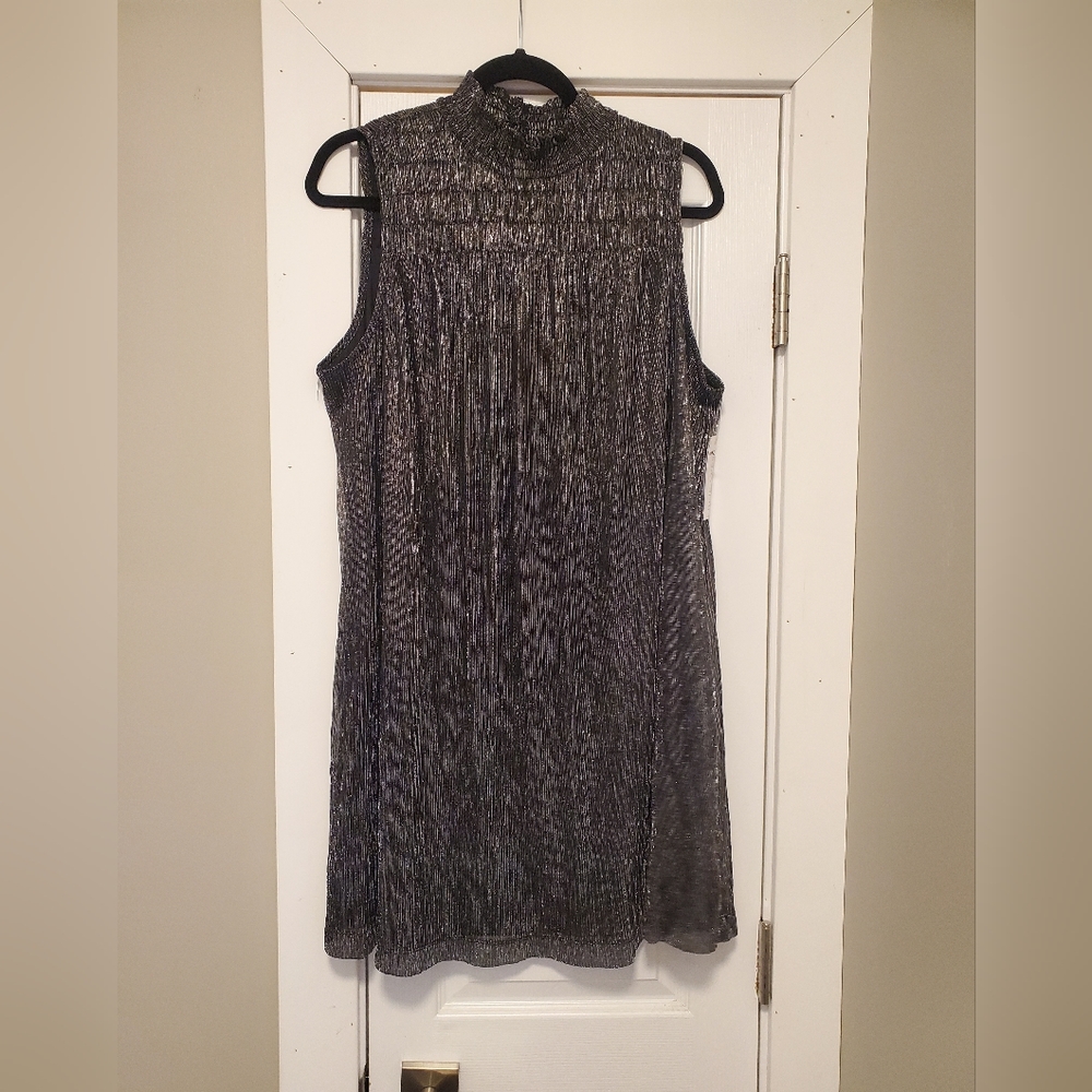 Nine West Sleeveless Metallic Silver-Black Mock Neck Dress Sz L NWT
